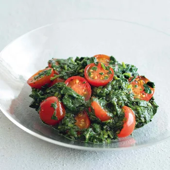 ミニトマトとモロヘイヤの黒ごまあえ