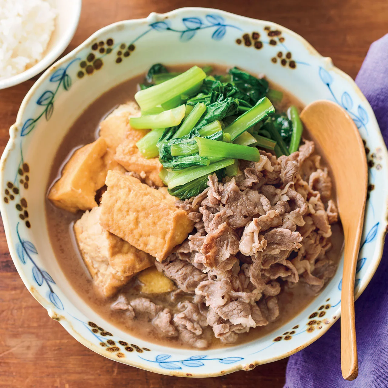 小松菜と厚揚げの牛すき煮