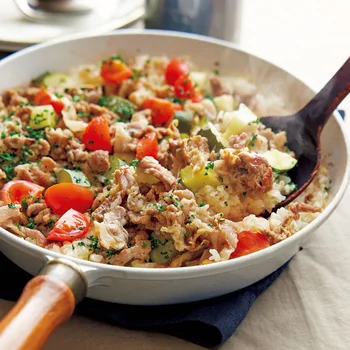 豚こまのフライパンパエリャ