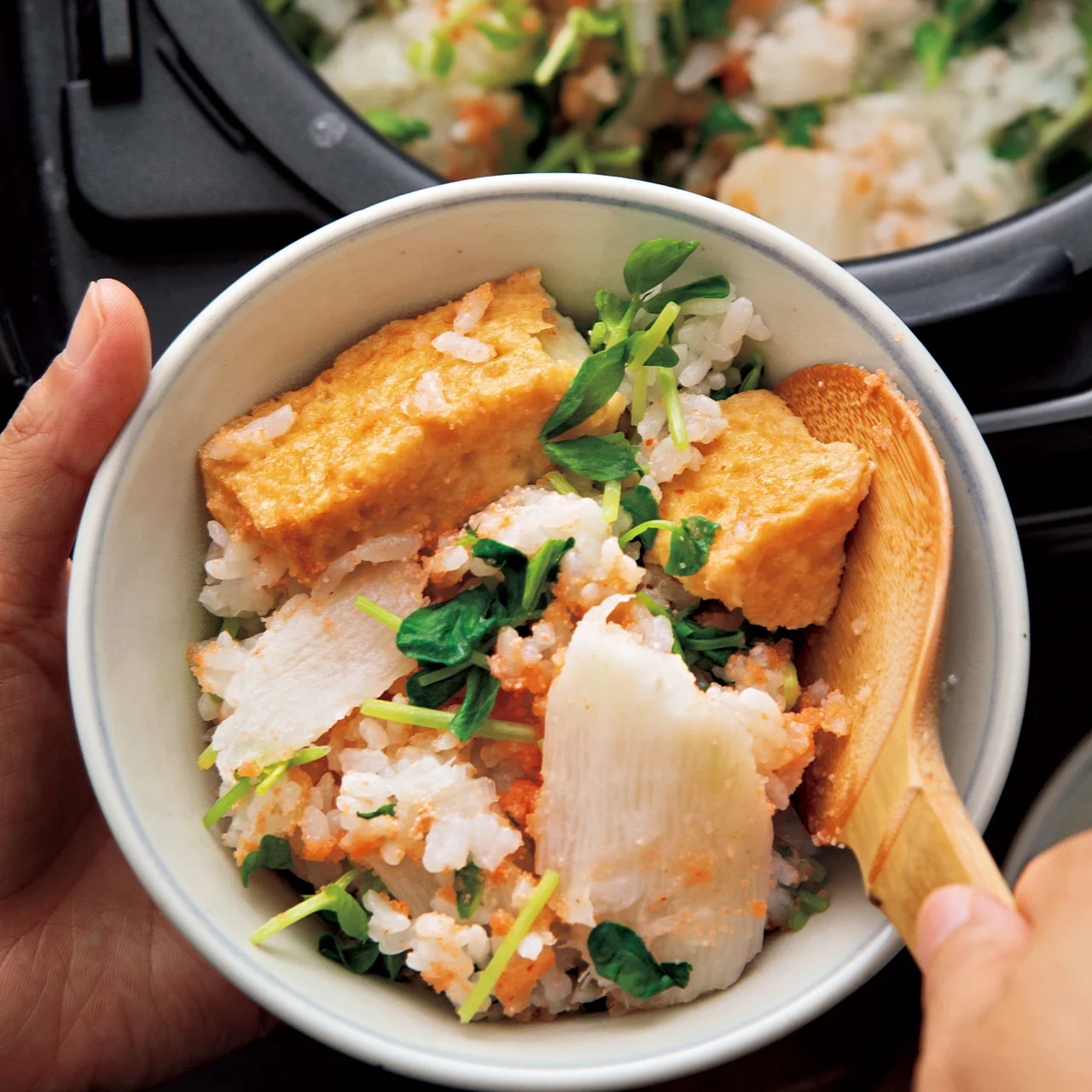 厚揚げと長いもの明太炊き込みご飯