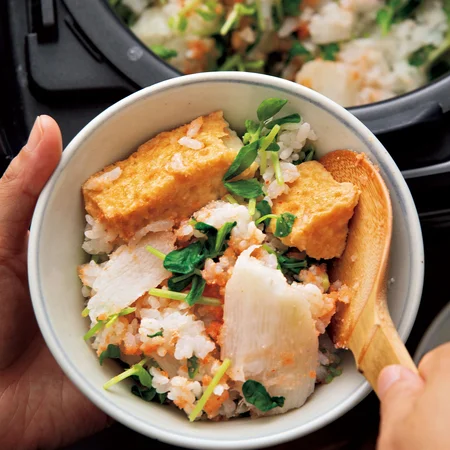 厚揚げと長いもの明太炊き込みご飯