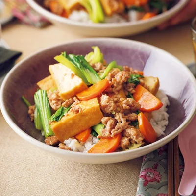 「ひき肉と厚揚げの彩り丼」の献立