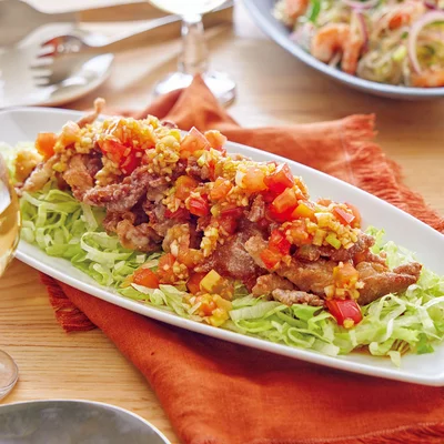 カリカリ豚のねぎトマトだれ