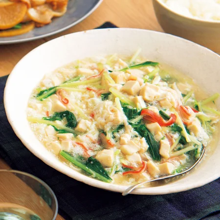 かにかまと水菜の卵白かきたま煮