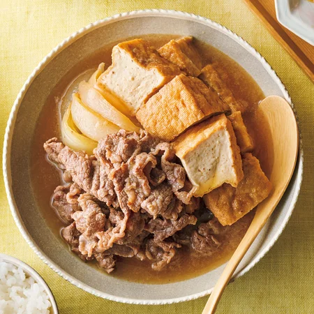 牛肉と厚揚げ、新玉ねぎのすき煮