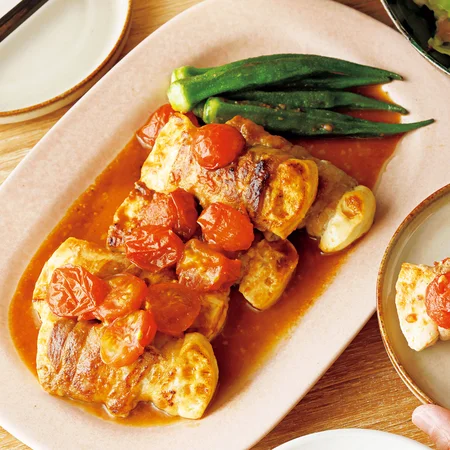 肉巻き豆腐のトマみそ照り焼き