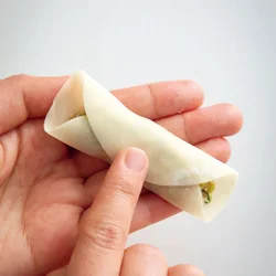 餃子の皮であんを包む：あんを細長くのせたら、餃子の皮を両側から折って留める。