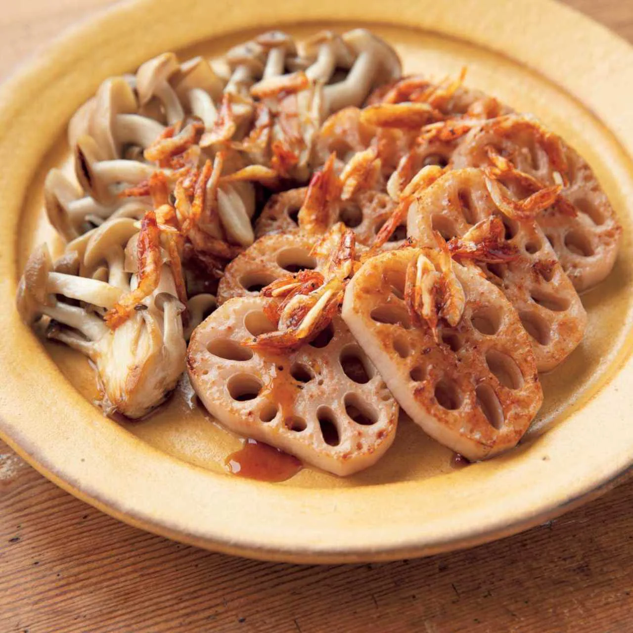 焼きれんこんとしめじのえびじょうゆがけ