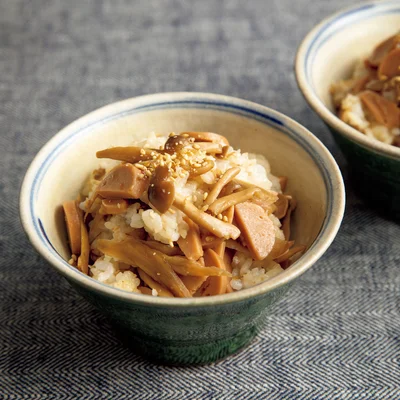 魚ニソとごぼう、きのこの混ぜご飯