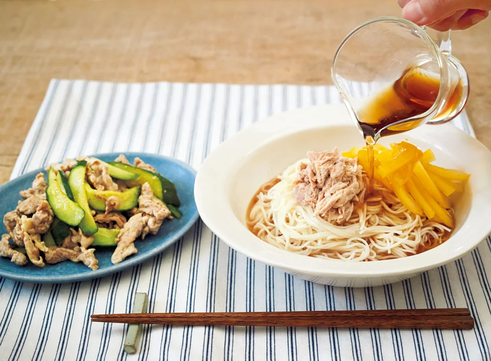 ツナとパプリカのぶっかけそうめん