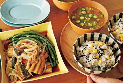 「とうもろこしご飯塩昆布混ぜ」の献立