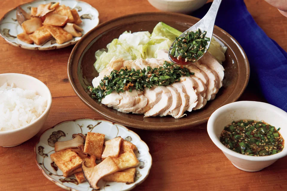 レンジ蒸しどり にらだれがけ