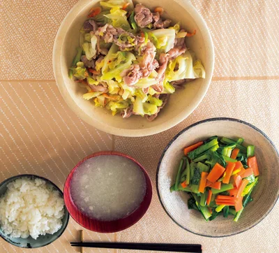 「豚肉とキャベツのフライパン蒸し」の献立