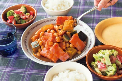 「ベーコンとかぼちゃのケチャップ煮」の献立