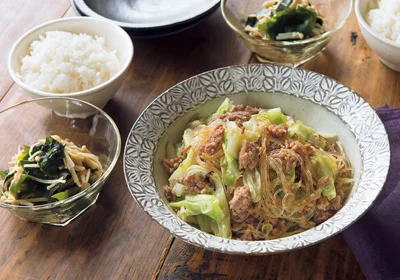 「ひき肉とキャベツの麻婆はるさめ風」の献立