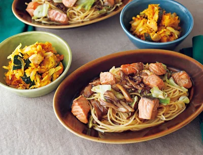 「サーモンとまいたけの和風パスタ」の献立