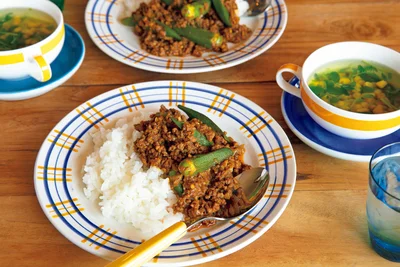 「オクラのキーマカレー」の献立
