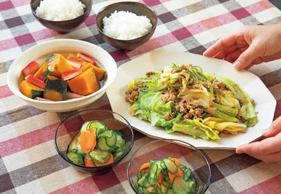 「ひき肉とキャベツのにんにくみそ炒め」の献立