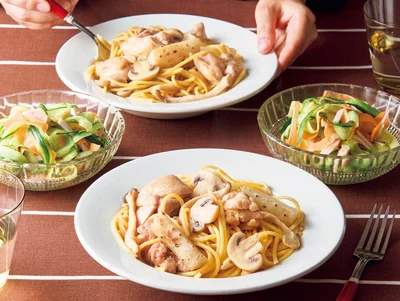 「とり肉ときのこのバターじょうゆパスタ」の献立
