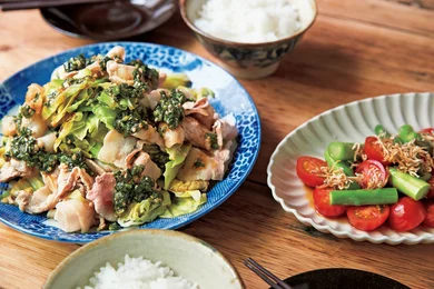 「豚肉とキャベツのにらだれ蒸し」の献立