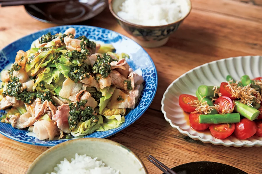 「豚肉とキャベツのにらだれ蒸し」の献立