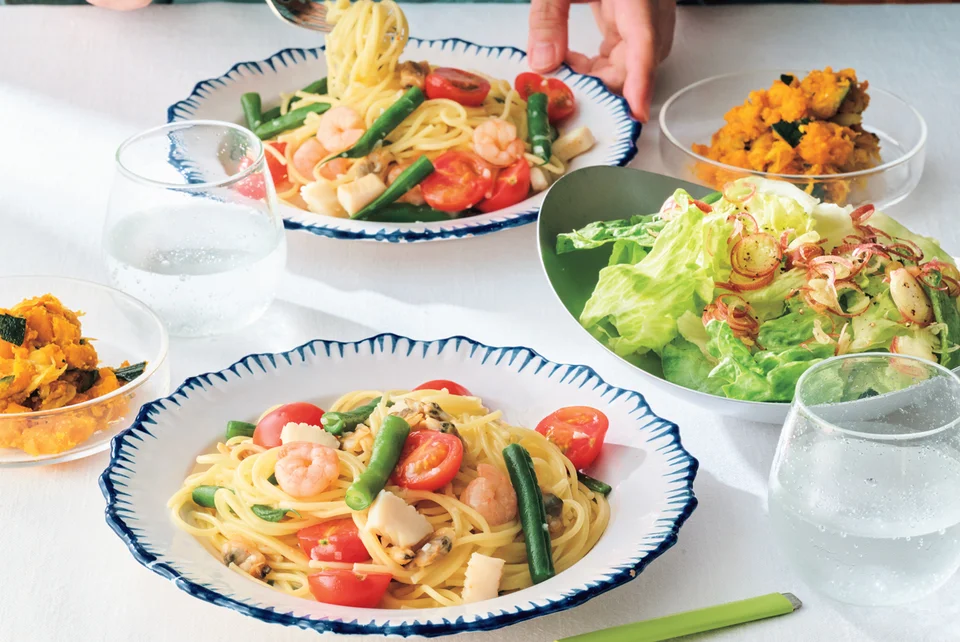 シーフードと夏野菜のパスタ