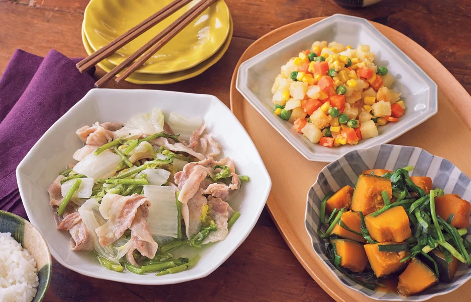 「豚バラと白菜のフライパン蒸し」の献立