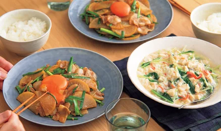 「甘辛豚バラ大根の卵黄のっけ」の献立