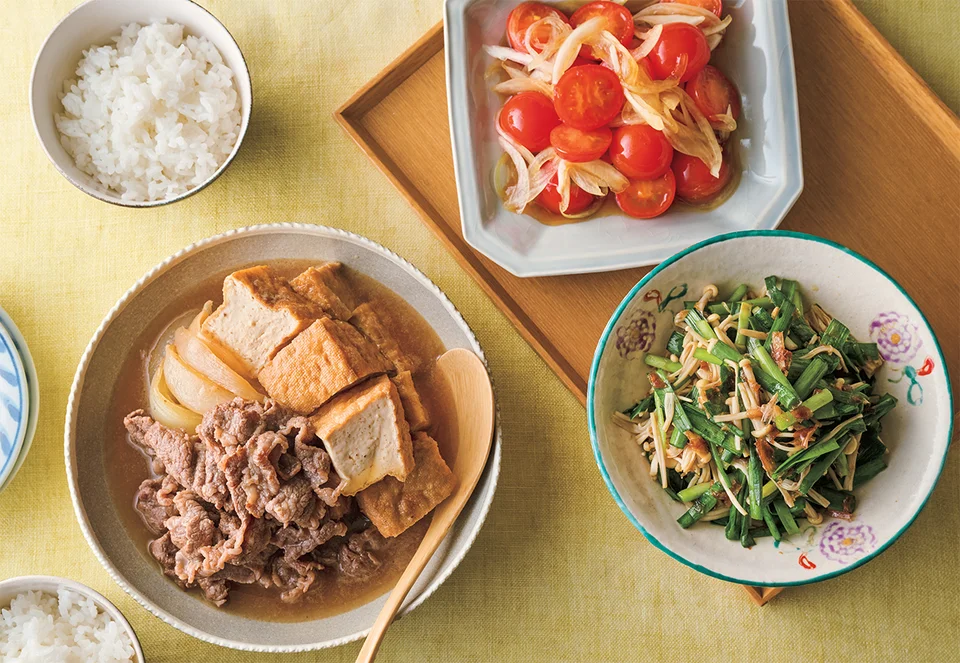 牛肉と厚揚げ、新玉ねぎのすき煮