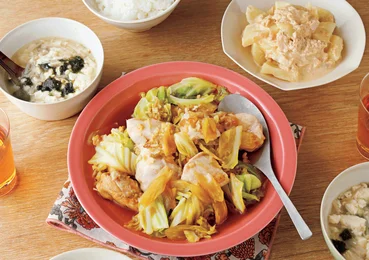 「とりむね肉と春キャベツの中華蒸し煮」の献立