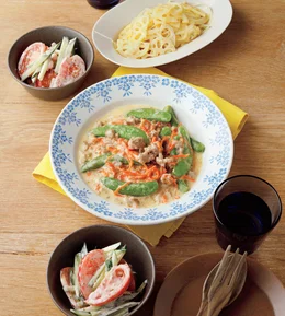 「豚ひき肉とスナップえんどうのチーズクリーム煮」の献立