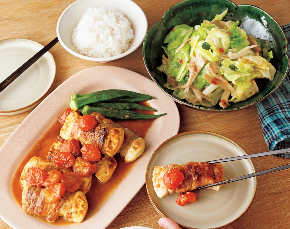 肉巻き豆腐のトマみそ照り焼き