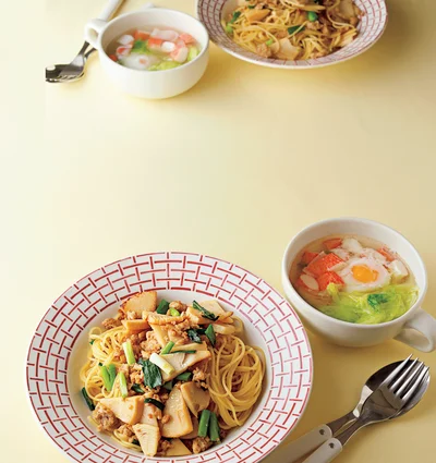 「ひき肉とたけのこの和風パスタ」の献立